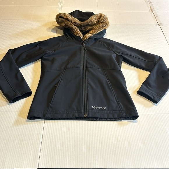 Marmot black tan brown faux furlong hoodie jacket w zipper front and pockets - Picture 3 of 12